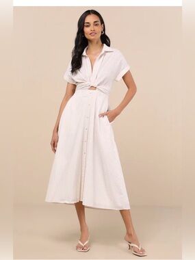 Lulu's Cream Striped Button-Front Midi Dress with Knot Waist